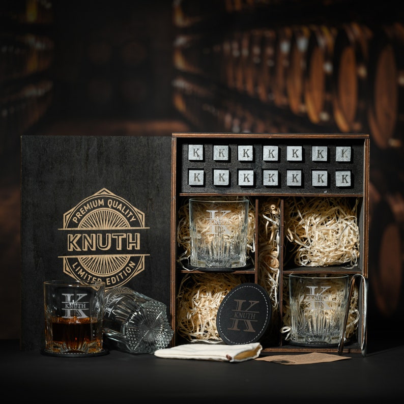 Engraved Old Fashioned Whiskey Glasses Set - Personalized Wooden Decanter Set