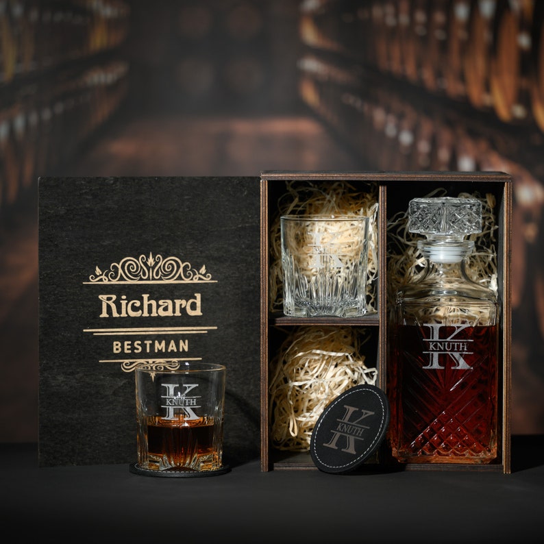 Engraved Old Fashioned Whiskey Glasses Set - Personalized Wooden Decanter Set