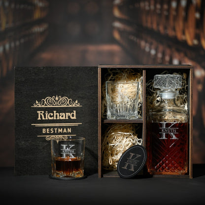 Engraved Old Fashioned Whiskey Glasses Set - Personalized Wooden Decanter Set