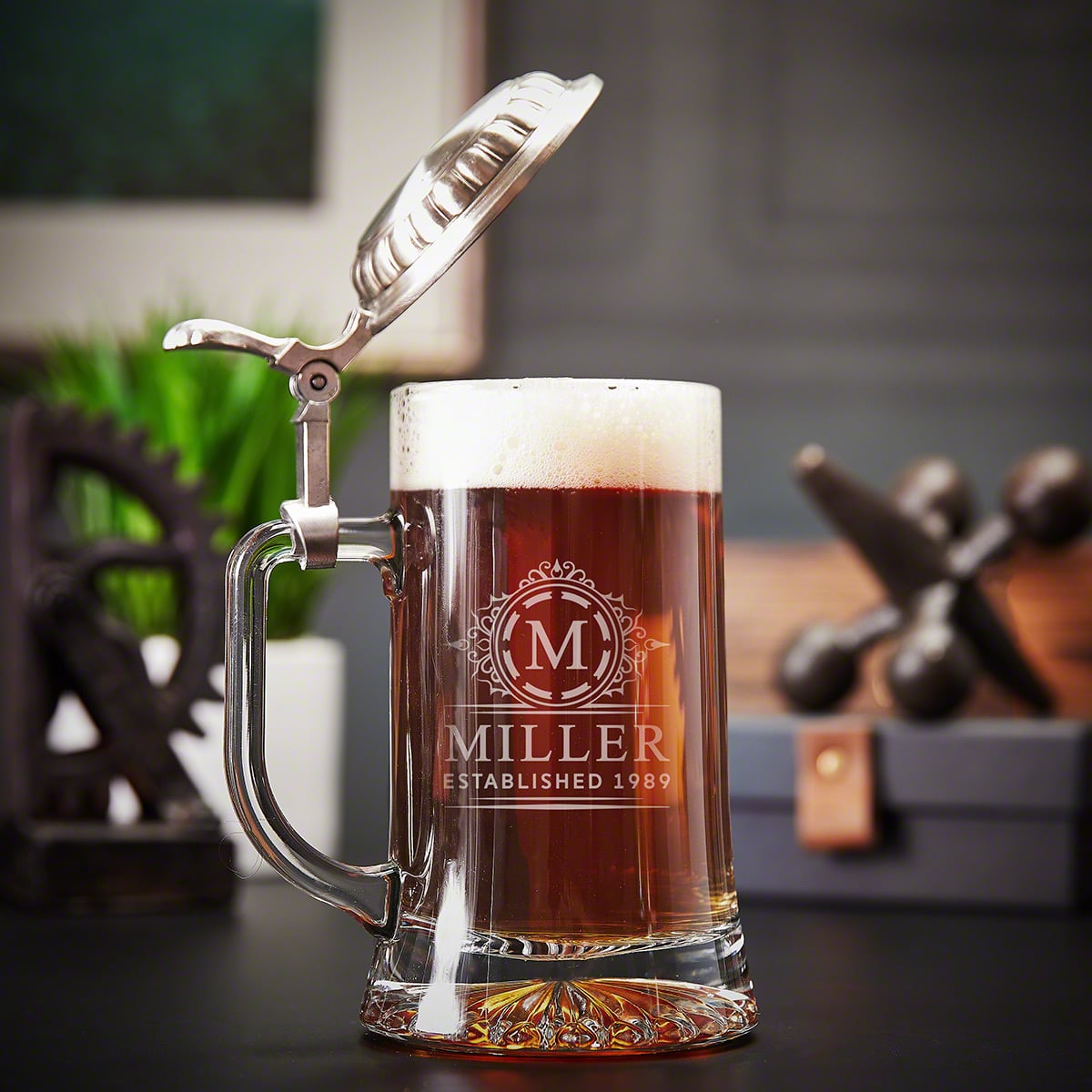 Personalized Beer Stein with Pewter Lid, Set of 2